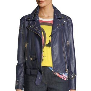 Boutique Moschino Motorcycle Studded Gold‎ Star Zip Leather jacket Medium